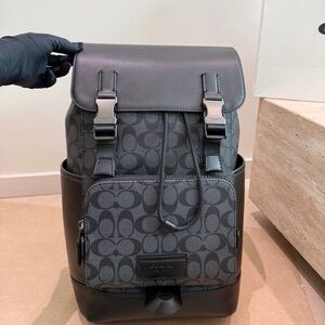 Coach Charcoal Signature Canvas Men's Backpack with Leather Trim